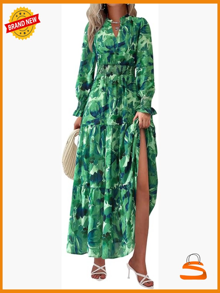 Women's Floral Maxi Dress Long Sleeve V Neck A Line Long Flowy Boho Dress Fall